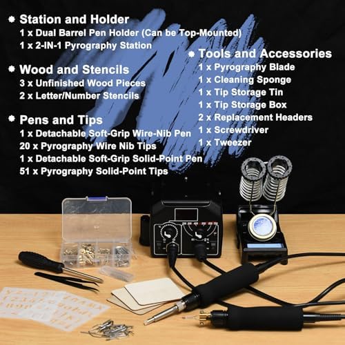 2-in-1 Wood Burning Kit, 88-in-1 Pyrography Wood Burner with 51 Solid Tips, 20 Wire Nibs, Letter & Number Stencils, Unfinished Wood Pieces, Pen Holder, Ideal for Pyrography, DIY Crafts & Gifts - Image 2
