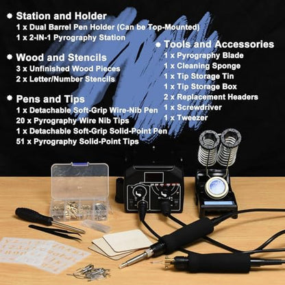 2-in-1 Wood Burning Kit, 88-in-1 Pyrography Wood Burner with 51 Solid Tips, 20 Wire Nibs, Letter & Number Stencils, Unfinished Wood Pieces, Pen Holder, Ideal for Pyrography, DIY Crafts & Gifts - Image 2