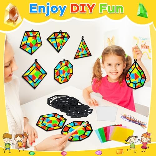 Lonfliness 32Sets Jewel Suncatchers Ornaments Kit DIY Window Stained Glass Effect Paper for Sun Catchers Craft Home Decor Creative Art Projects Activity Birthday Gift - Image 4