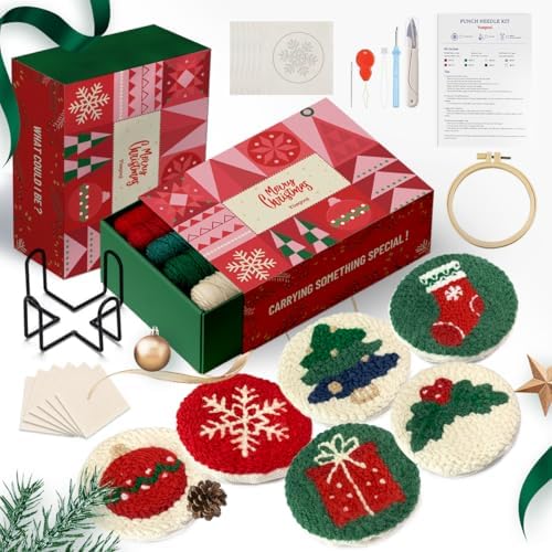 yuegool 6PCS Christmas Punch Needle Coasters Kit,Easy DIY Punch Needle Embroidery Kit for Beginners Adults Kids Including Patterns, Tools, Yarns, Hoop, Instruction, Coaster Holder Art Craft Supplies by Unknown