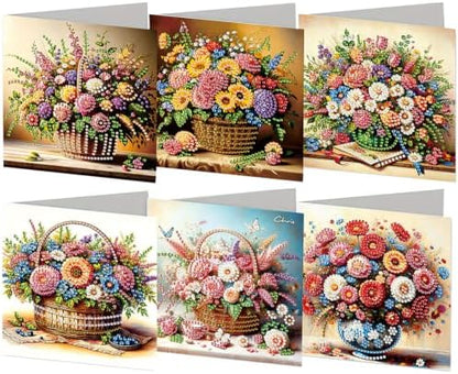 6pcs Bouquet Flower Basket Diamond Art Painting Greeting Cards Kit with Envelopes, 5D DIY Special Shaped Card Making Kits for Adults, Holiday Birthday Postcards, Creative Craft Gifts by Unknown