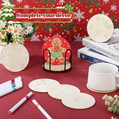 Reallnaive 45 Pcs Christmas Wooden Coasters Painting Kit, 4 Inch Paint Your Own Boho Coasters with Markers, Arts and Crafts for Adults Women Seniors Elderly Crafters Gifts - Image 4