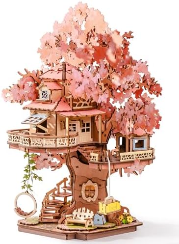 ROBOTIME DIY Miniature House Kits for Adults, 3D Wooden Puzzles for Teenager, Japanese Cherry Blossom Tree Sakura Bonsai Plants for Birthday Gifts and Hobbies (Sakura Tree House) by ROBOTIMEBuildingThingstoLife