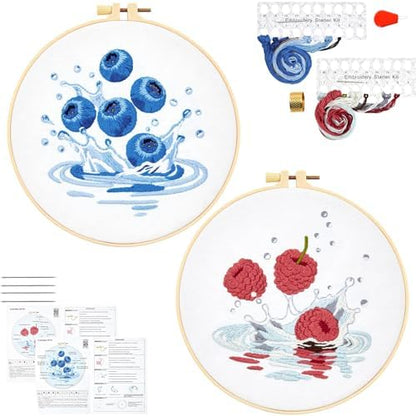 Armindou 2Set Embroidery Kits with Fruit Pattern for Beginners Adults, Hand Embroidery Needlepoint DIY Kits, Stamped Cross Stitch Kits for Beginners Adult, 2 Embroidery Hoops (Attached Video Tutorial) by Armindou
