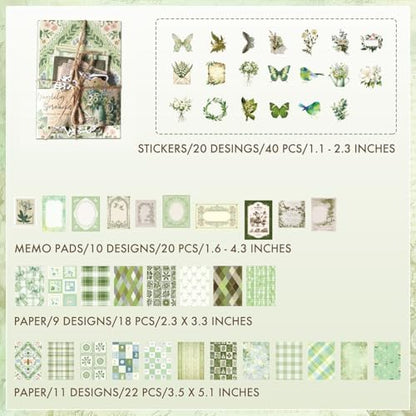 OKUPAN Scrapbook Supplies Kit – 100PCS Vintage Cottagecore Floral Scrapbook Paper & Stickers, 4 Sizes Pastoral Scrapbooking Supplies for Journaling, Card Making & DIY Gifts (Green) - Image 7