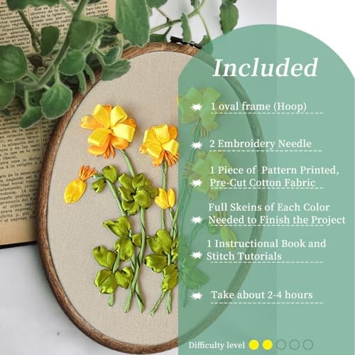 FONNUY Ribbon Embroidery 3D Flowers Pattern Design Kit Embroidery DIY Handwork Set Oval Home Decoration (Yellow Begonia) - Image 3