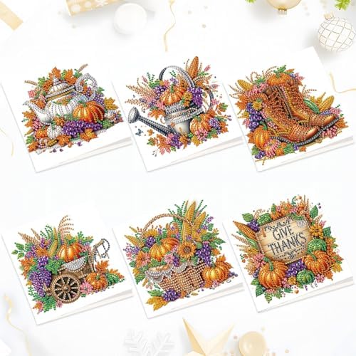 6 Pack Thanksgiving Diamond Painting Greeting Card Kits, DIY Fall Harvest Rhinestone Cards with Envelopes, Autumn-Themed Diamond Art Craft Set with Pumpkins, Corn, Grapes and Give Thanks Message by antor