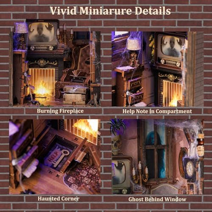 Book Nook Kit,DIY 3D Wooden Miniature Dollhouse Kit Gifts for Adults,The Phantom Chamber Haunted House Booknook with LED Light - Image 6