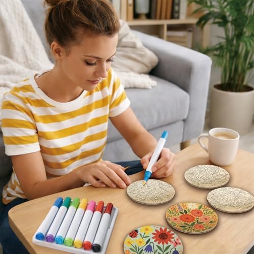 26PCS Wood Coasters Craft Kit 10 Paint You Own Coaster with 16 Markers Wooden Coasters Painting Set for Adults and Beginners DIY Coaster Kit Flower Painting Crafts Art Supplies(Flower) - Image 6