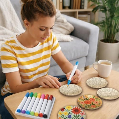 26PCS Wood Coasters Craft Kit 10 Paint You Own Coaster with 16 Markers Wooden Coasters Painting Set for Adults and Beginners DIY Coaster Kit Flower Painting Crafts Art Supplies(Flower) - Image 6