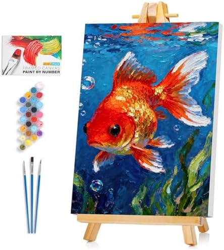Framed Paint by Numbers Kit for Adults Beginner & Kids Ages 8-12, Goldfish Adult Paint by Number Kits on Canvas, without Easel, DIY Number Painting for Adults for Home Wall Decor Gift 8 x 12 Inch by Unknown