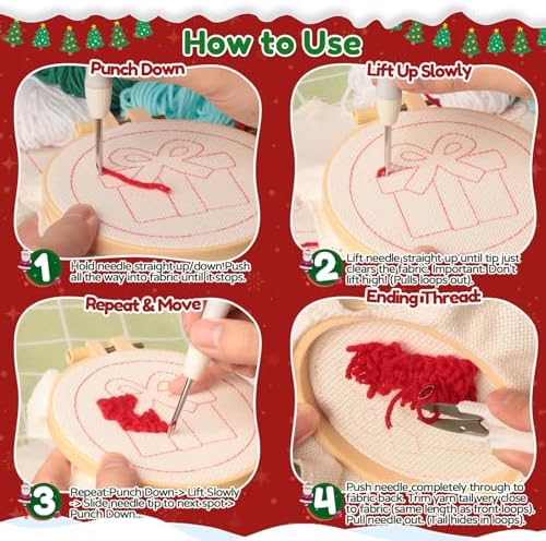Sukhumvit 6PCS Christmas Punch Needle Coaster Kit, Beginners Punch Needle Set with 6 Tufted Patterns, Yarns, Hoop & Adhesive Pads, Starter DIY Embroidery Coasters Kit for Tufted Crafts Christmas Gifts - Image 5