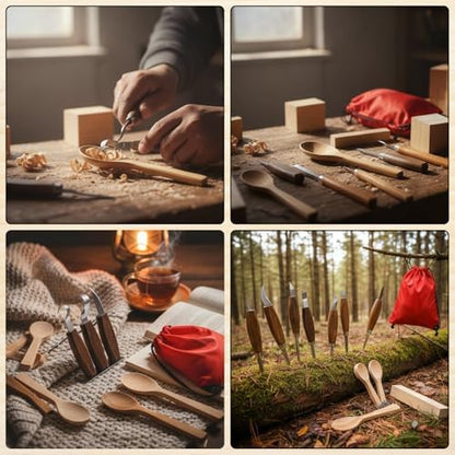 Therwen 27 Pcs Wood Carving Kit, 5 Pcs Wood Carving Tools with Storage Bag, Whittling Kit with 18Pcs Whittling Blocks and 4 pre Shaped Spoon Blanks and Drawstring Carry Bag for Crafts Beginners - Image 5