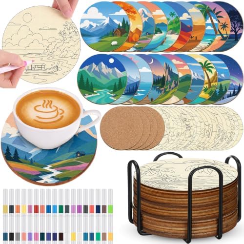 Reallnaive 77 Pcs Wooden Coasters Paint Kit, Scenery by Reallnaive