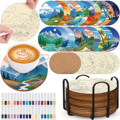 Reallnaive 77 Pcs Wooden Coasters Paint Kit, Scenery by Reallnaive