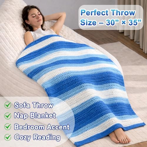 Reessy Crochet Blanket Kit for Adult Beginners, Blue Ombre Chenille Yarn - Image 5