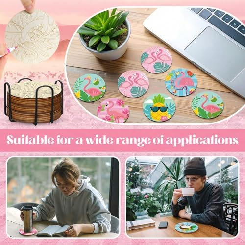 Reallnaive 45 Pcs Flamingo Wooden Coasters Painting Kit, 4 Inch Paint Your Own Summer Coasters with Markers, Summer Arts and Crafts for Adults Women Seniors Elderly Crafters - Image 3