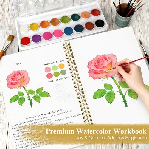 Creazic Watercolor Workbook for Beginners, Floral Water Coloring Book Kit & 16 Watercolor Paint, 300gsm No-Bleed Paper, Easy Step-by-Step Guide, Ideal Gift for Mindfulness & Painting Practice - Image 2