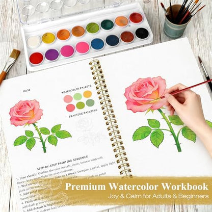 Creazic Watercolor Workbook for Beginners, Floral Water Coloring Book Kit & 16 Watercolor Paint, 300gsm No-Bleed Paper, Easy Step-by-Step Guide, Ideal Gift for Mindfulness & Painting Practice - Image 2