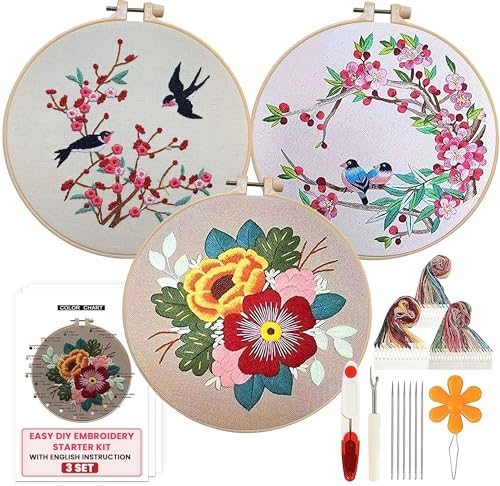 The ZenStore Birds & Flowers Embroidery Kit for Adults – Beginner DIY Hand Embroidery Set with Hoop, Stamped Fabric, Thread & Needles – Floral and Plant Pattern Sewing Craft Kit for Women & Teens by FindYourZen