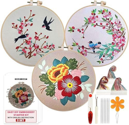 The ZenStore Birds & Flowers Embroidery Kit for Adults – Beginner DIY Hand Embroidery Set with Hoop, Stamped Fabric, Thread & Needles – Floral and Plant Pattern Sewing Craft Kit for Women & Teens by FindYourZen