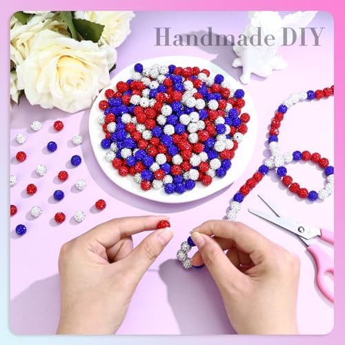 Dowarm 255PCS 10mm Rhinestone Beads for Baseball Rhinestone Necklace Bracelet Jewelry Making, Round Polymer Clay Beads for Crafts Beaded Pens, DIY Shamballa Pave Disco Diamond Bead, White|Red|Blue - Image 4