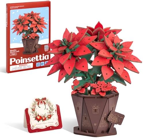 ROBOTIME 3D Wooden Poinsettia Puzzle - with Flower Pot Base, Adjustable Stem, Christmas Home Desk Decor, DIY Craft Kit for Adults by ROBOTIMEBuildingThingstoLife