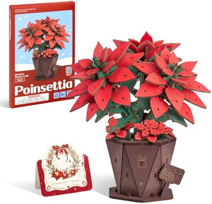 ROBOTIME 3D Wooden Poinsettia Puzzle - with Flower Pot Base, Adjustable Stem, Christmas Home Desk Decor, DIY Craft Kit for Adults by ROBOTIMEBuildingThingstoLife