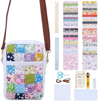 WEBEEDY DIY Quilt Tote Bag Kit for Adult Beginners DIY Small Rectangular Crossbody Bag Kit with Video Tutorial,50 Styles Fabrics,Quilting Tools for Sewing Patchwork Valentine's Day Craft Gift by WEBEEDY