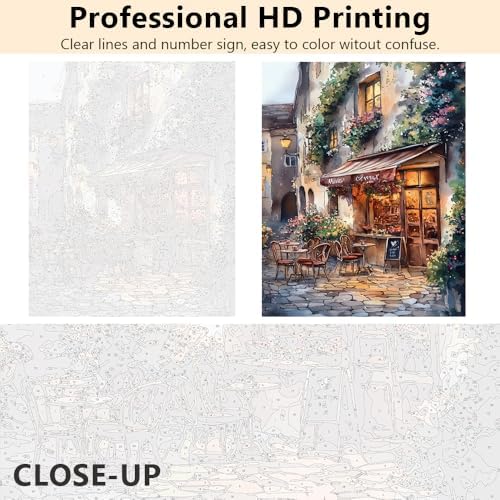 TUMOVO Adults Paint by Numbers Kit European Cafe Street Scene DIY Canvas Painting for Beginners Rustic Ivy Covered Walls Cobblestone Outdoor Seating with Blooming Flowers Acrylic 16x20 Inch - Image 3