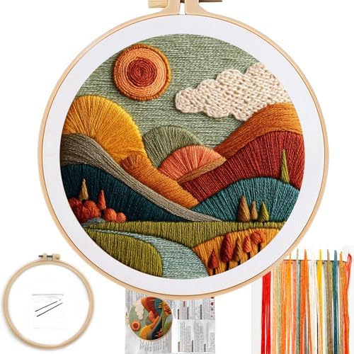FONNUY Embroidery Kit for Beginners, Textured Vibrant Nature Landscape Pre-Stamped Pattern Kits for Adults with Hoop, Easy to Follow Color Thread Needlework, 8'' Hoop (Red 1) by FONNUY