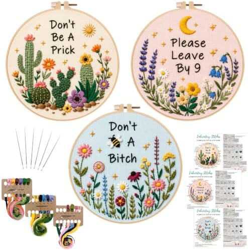 Nuberlic 3 Pack Embroidery Kits for Beginners,Funny Floral Designs by Nuberlic
