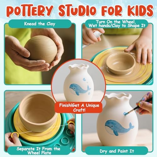 Lehoo Castle Pottery Wheel for Kids, Complete Pottery Arts and Crafts for Kids Ages 8-12 with Air Dry Clay Painting Kit Sculpting Tools, Art Supplies for Girls Boy Birthday Gift for Ages 6+ - Image 2