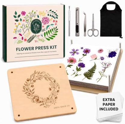 Extra Large Flower Press Kit 11x11 - Wooden Kit with Tools for Adults, Kids by GretaGraceCo