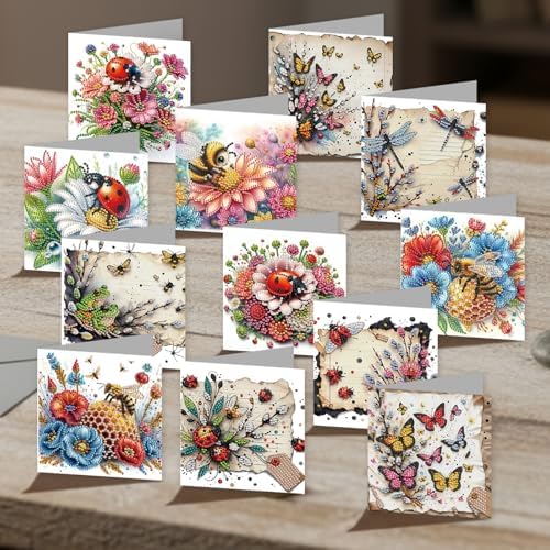 jinglinhh 12pcs Diamond Art Painting Ladybug Bee Butterfly Insect Flower Greeting Cards with Envelopes, DIY Card Making Kits for Adults, Diamond Art Christmas Cards for Holiday Gifts - Image 7
