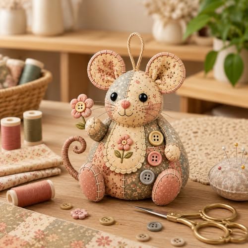 Patchwork Mouse DIY Kit,Handmade Sewing Craft Kit with Pre-Cut Fabric,Stuffing and Buttons,Creative Patchwork Animal Craft Project,Cute Mouse Ornament DIYKit,for Adults,Beginners,Gift for CraftLovers by BBASILIYSD