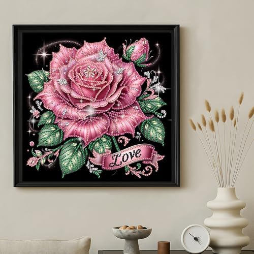 jinglinhh Pink Rose Flowers Special Shaped DIY Diamond Art Painting Kit for Adults Beginners, Partial Drill Crystal Rhinestone Gem Art Craft Home Wall Decor 30x30cm - Image 5