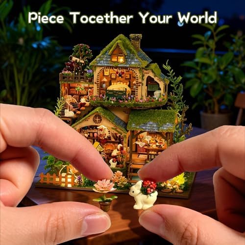 DIY Miniature House Kit, Victorian Dollhouse Kit, 3D Wooden Puzzles Bookshelf Craft Kits, Mini Doll House Building Kit for Adults Teen(Forest Cottage) - Image 3
