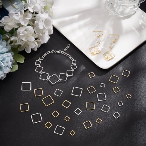 PH PandaHall 50pcs 5 Sizes Brass Linking Rings, 6/8/10/12/14mm Square Open Bezel Frame Charms Connectors Geometric Beading Hoop Link Pendant for Resin Necklace Bracelet Jewelry Making, Golden/Silver - Image 5