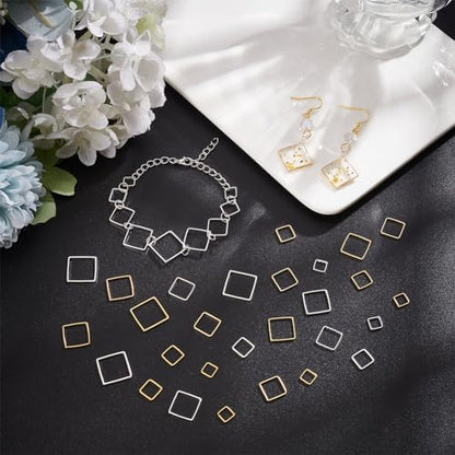 PH PandaHall 50pcs 5 Sizes Brass Linking Rings, 6/8/10/12/14mm Square Open Bezel Frame Charms Connectors Geometric Beading Hoop Link Pendant for Resin Necklace Bracelet Jewelry Making, Golden/Silver - Image 5