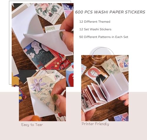 12 Sets 600 Sheets Washi Stickers for Journaling, Boho, Abstract, Vintage Scrapbook Sticker Set for Bullet Journal Art Diary Card Craft Gifts Planner Notebook - Image 5