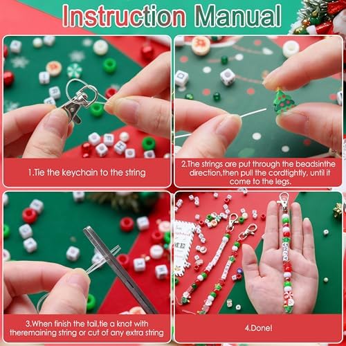 Tuhangcc 823 Pcs DIY Keychain Making Kit，Adjustable Letter Alphabet Beads Strings,Keychain Christmas Colors Pony Beads, 16 Charm Cards with Lobster Clasps & Strings for Christmas Favors - Image 4