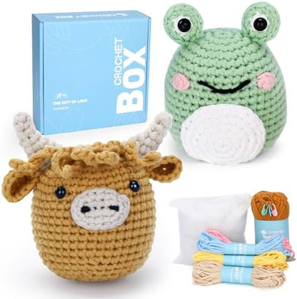 CrochetBox Highland Cow and Frog Crochet Kit for Beginners, 2 PCS Set by CROCHETBOX