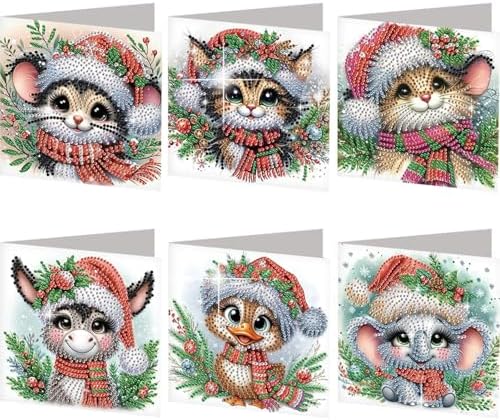 jinglinhh 6pcs Christmas Mouse Cat Donkey Koala Duck Diamond Art Painting Greeting Cards with Envelopes, DIY Card Making Kits for Adults, Diamond Art Postcards Christmas Cards Craft Gifts by Unknown