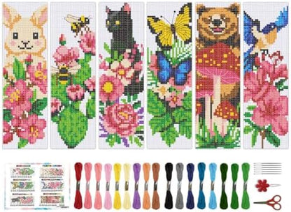 BEUNITONE 6 PCS Cross Stitch Bookmark Kit for Adults Beginners,Animal and Floral Pre-Printed Cross Stitch,DIY Stamped Embroidery Bookmark Kits,with Instructions,Craft Kit for Book Lovers 8.5''x3'' by BEUNITONE