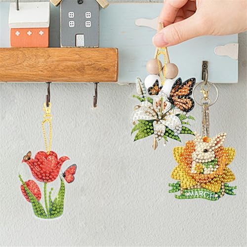 LAKEQUILL 15Pcs 5D DIY Diamond Art Painting Keychain Kits - Double Sided Flower Pendants Decorative Key Rings for Adults Beginners Craft - Image 3