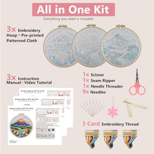 Embroidery Kit for Adults, Pre-Stamped Pattern Embroidery Kit for Beginners, DIY Hand Needlepoint Starter Kit with Hoop Thread Needle Instruction, 6.3'' Hoop (Nature Landscape 3 Packs) - Image 3