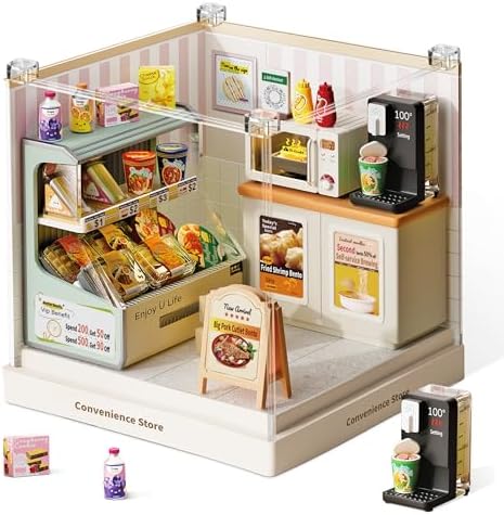 Convenience Store Miniature House Kit, Plastic DIY Dollhouse with Snacks & Hot Food Station, Stackable Transparent Dust Cover, Creative Desktop Decor for Adults Teens by BeepZipp
