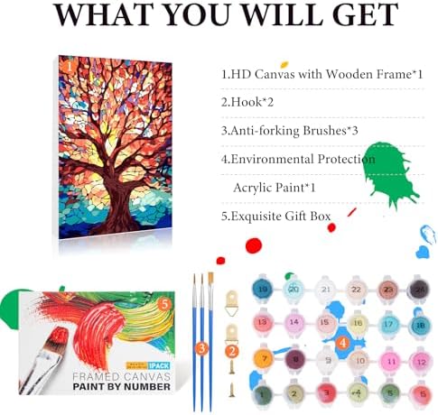 Fountor Framed Paint by Numbers Kit for Adults Beginner & Kids Ages 8-12, Tree of Life Paint by Number with Frame, Easy Acrylic Stained Glass Colorful Tree Painting by Numbers Kit on Canvas 8x12 inch - Image 4