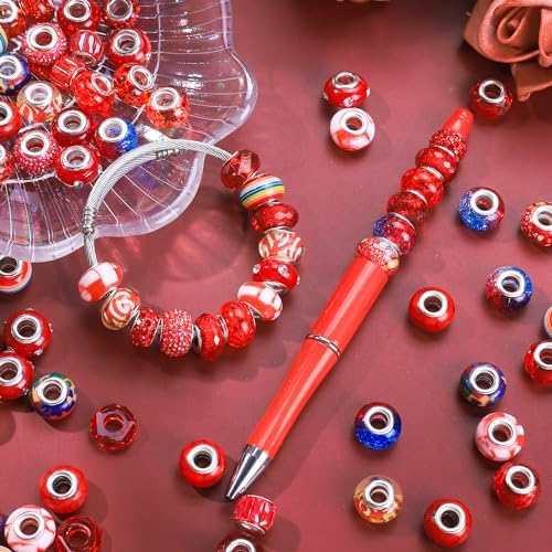 Aipridy Large Hole European Beads, Craft Supplies Kit，Assorted Mixed Color Lampwork Spacer Beads for DIY Bracelet Jewelry Making (100, Red) - Image 3